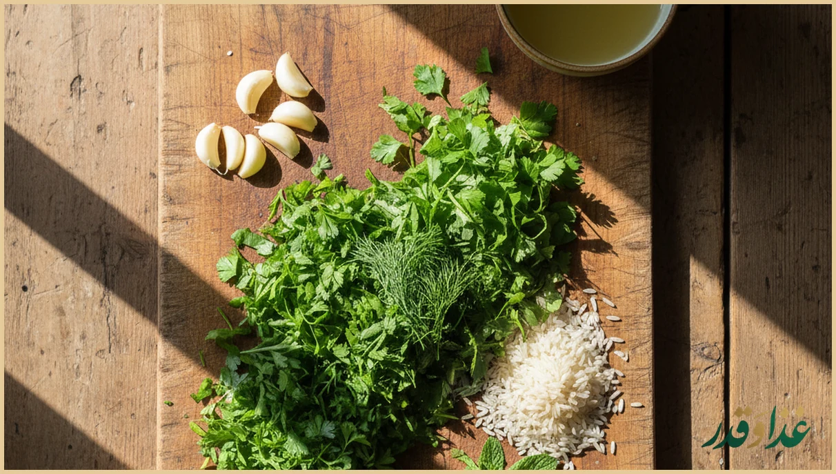 سبزی خرد شده ترش تره کنار سیر و برنج خام