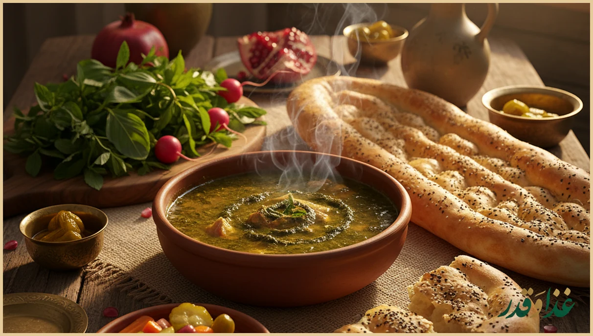 کاسه ترش تره با نان سنگک و سبزی خوردن