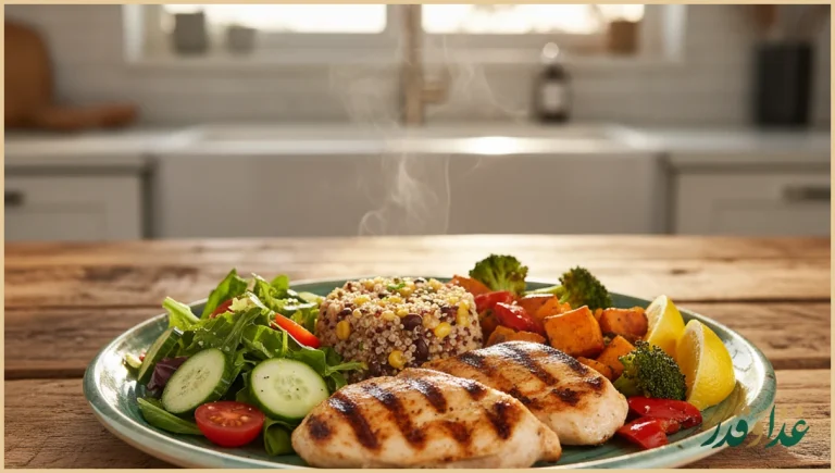 بشقاب رژیمی رنگارنگ با سبزیجات و پروتئین