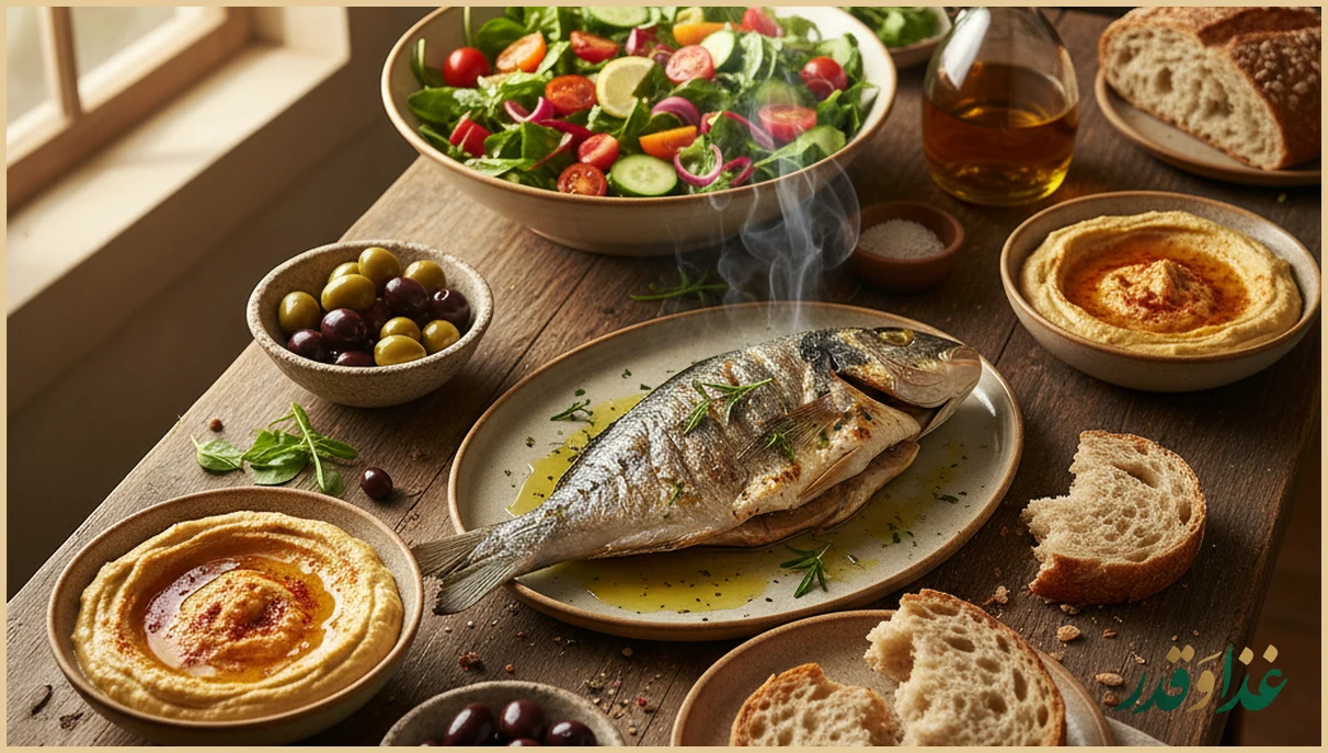 میز رژیم مدیترانه‌ای با سبزیجات و ماهی گریل
