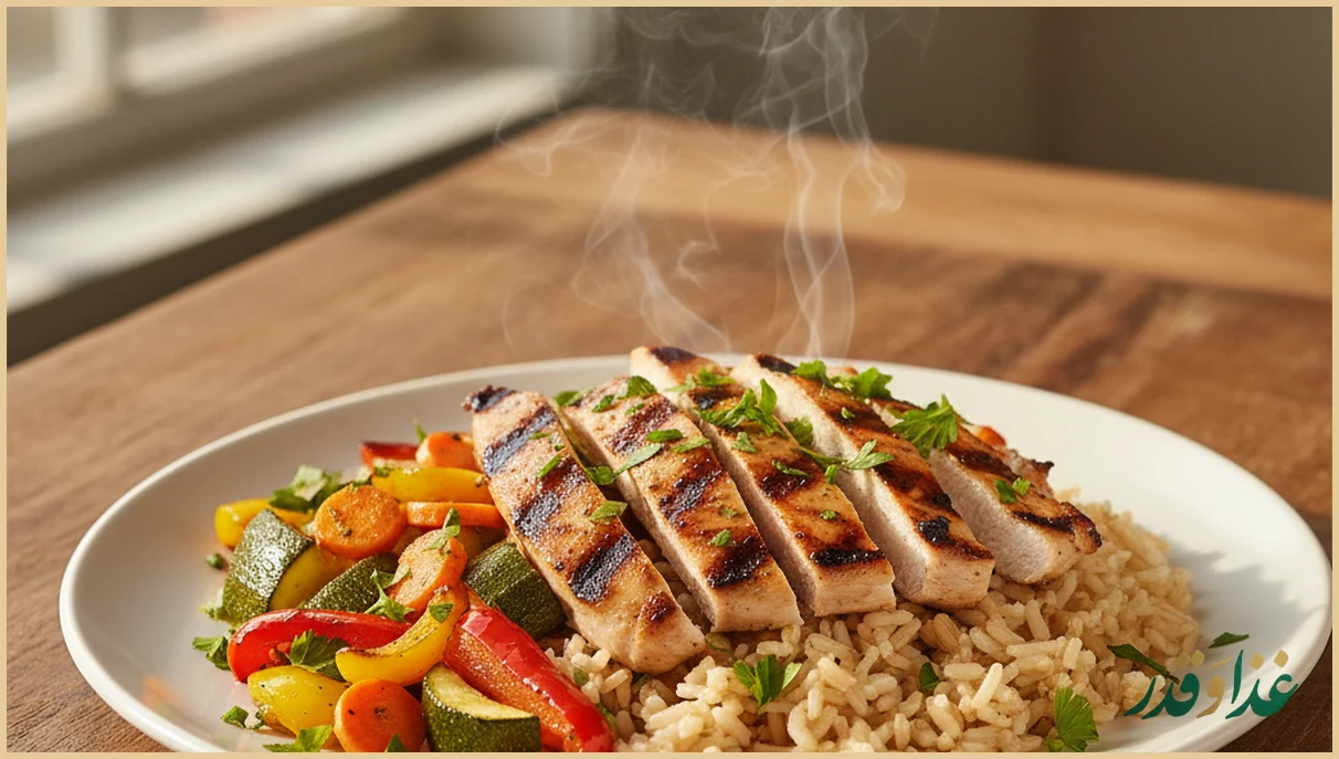 مرغ گریل و سبزیجات رنگارنگ روی برنج قهوه‌ای