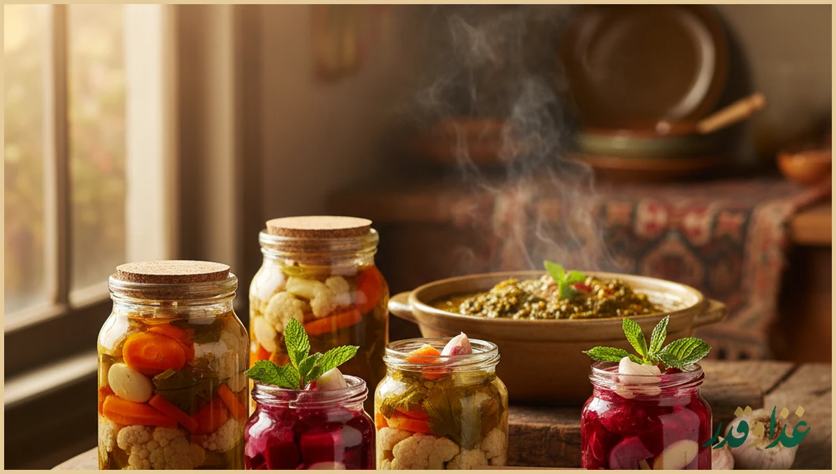 چند شیشه ترشی رنگارنگ زمستانی روی میز چوبی