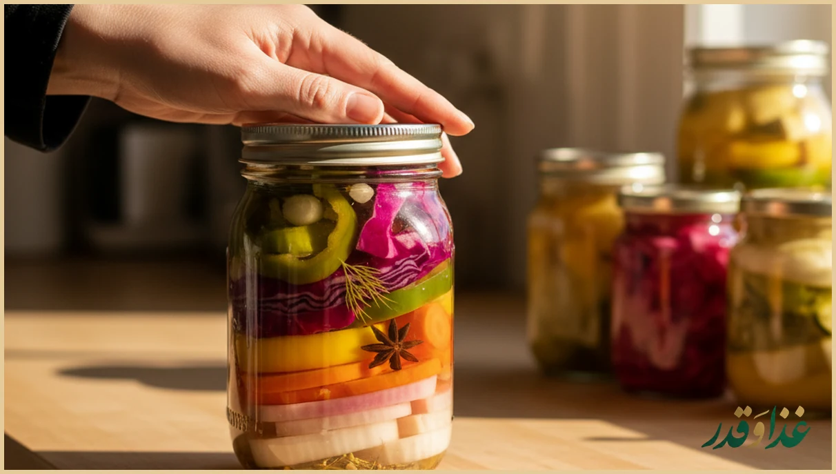 دست در حال بستن در شیشه ترشی روی میز آشپزخانه