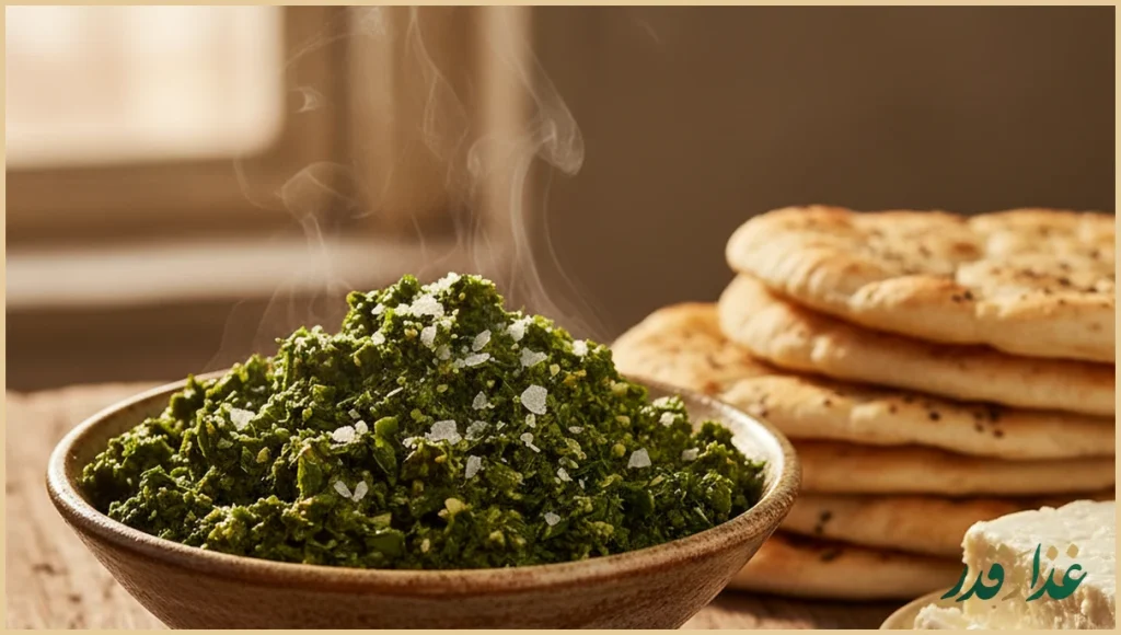 کاسه دلال سبز شمالی کنار نان و پنیر