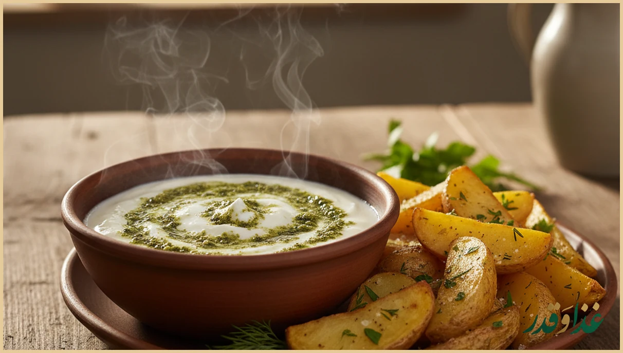 ماست دلال و سیب زمینی تنوری روی میز