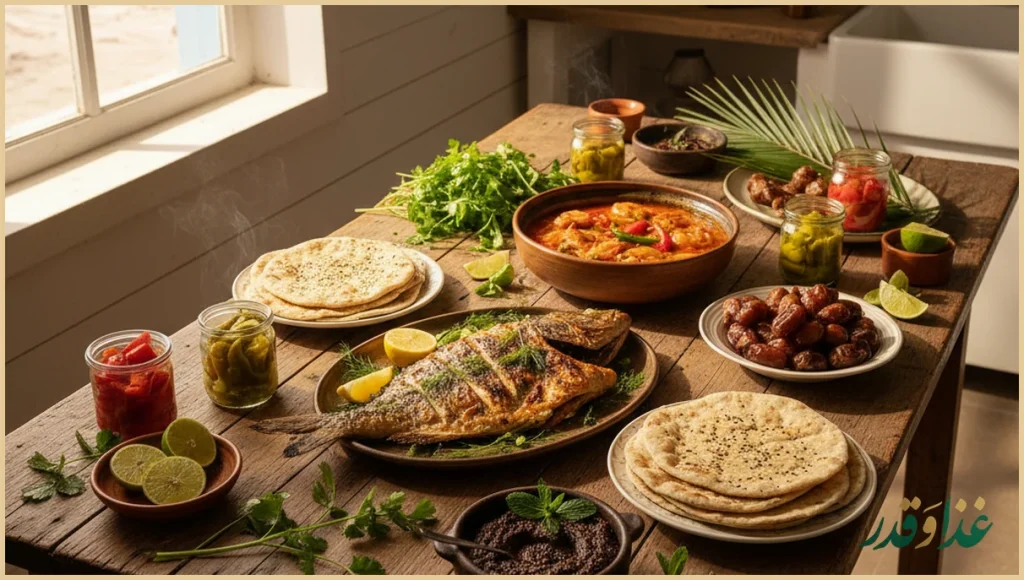 سفره‌ای از غذاهای محلی قشم با ماهی و میگو