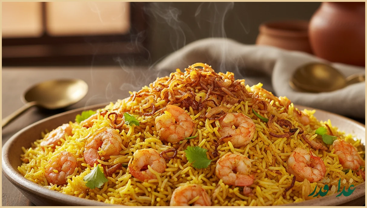 هواری میگو قشم در دیس بزرگ با برنج زعفرانی