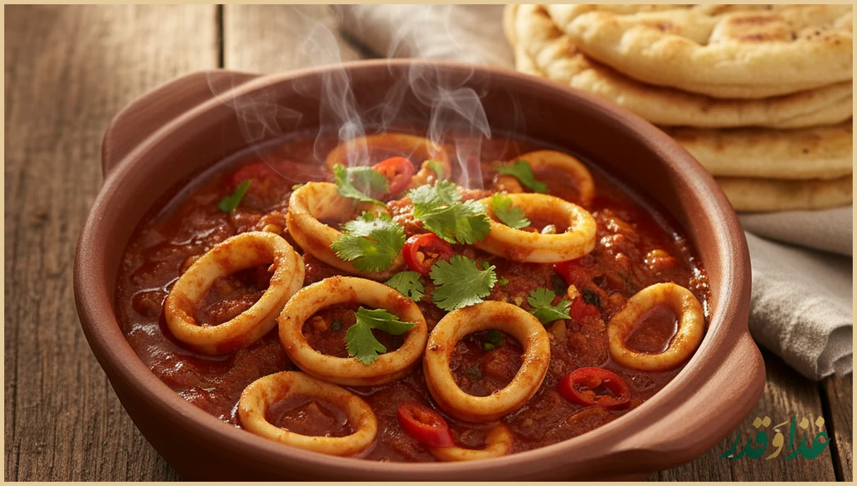 خوراک عنکاس قشم در ظرف سفالی با نان محلی