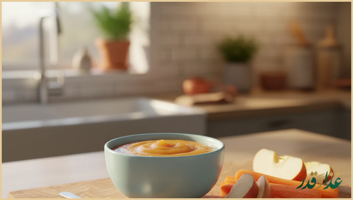پوره سیب و هویج در کاسه کوچک کودک