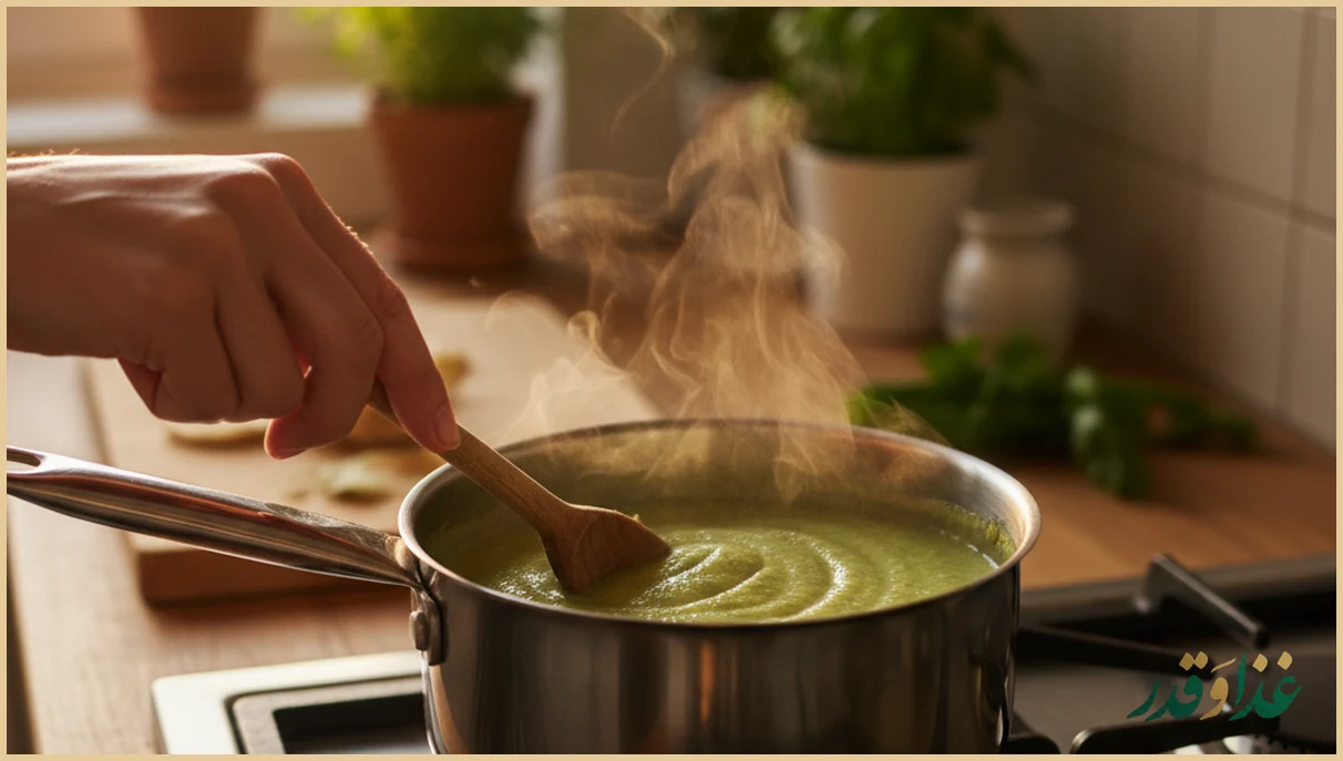 مادر در حال هم زدن سوپ رقیق کودک روی گاز
