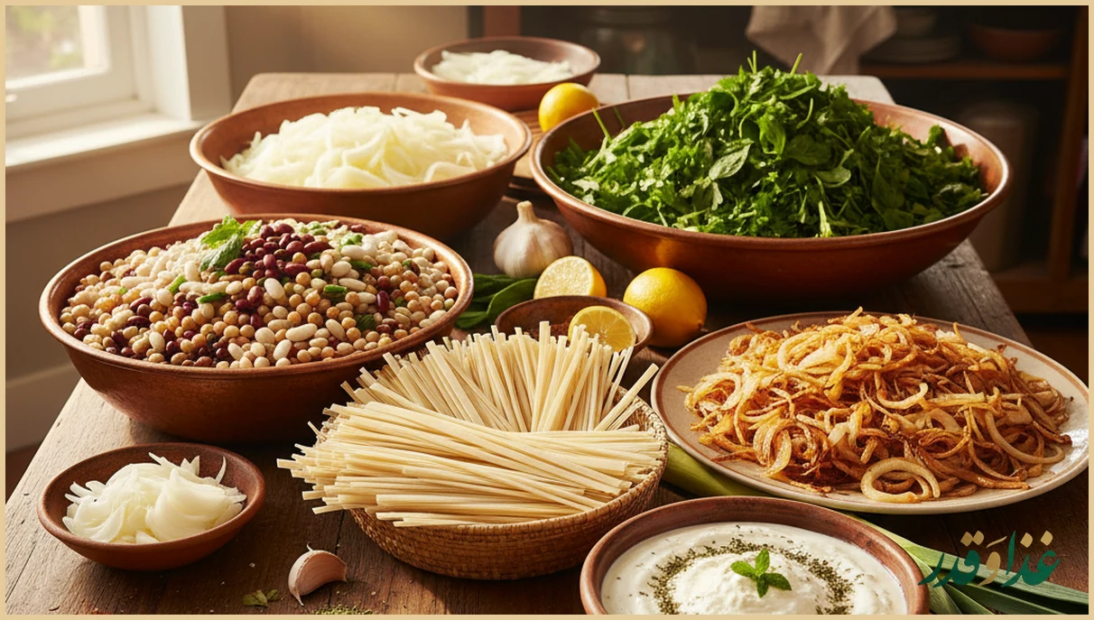 مواد اولیه آش رشته نذری برای ۵۰ نفر روی میز بزرگ