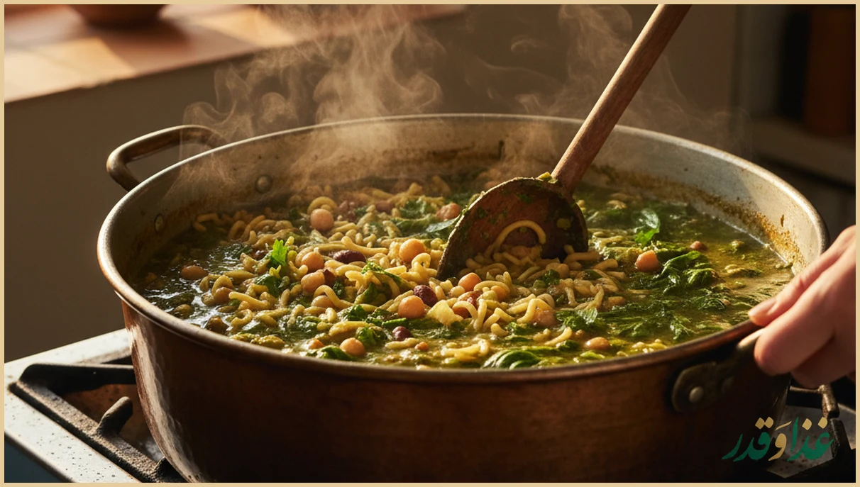در حال هم زدن دیگ بزرگ آش رشته نذری