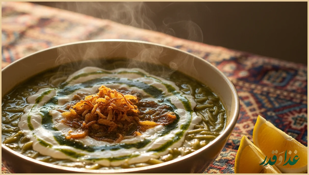 کاسه آش رشته نذری تزیین شده با کشک و نعنا داغ