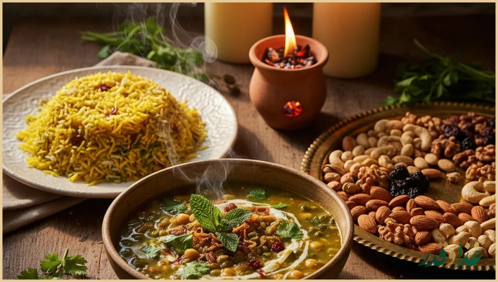 سفره چهارشنبه‌سوری با آش رشته و آجیل