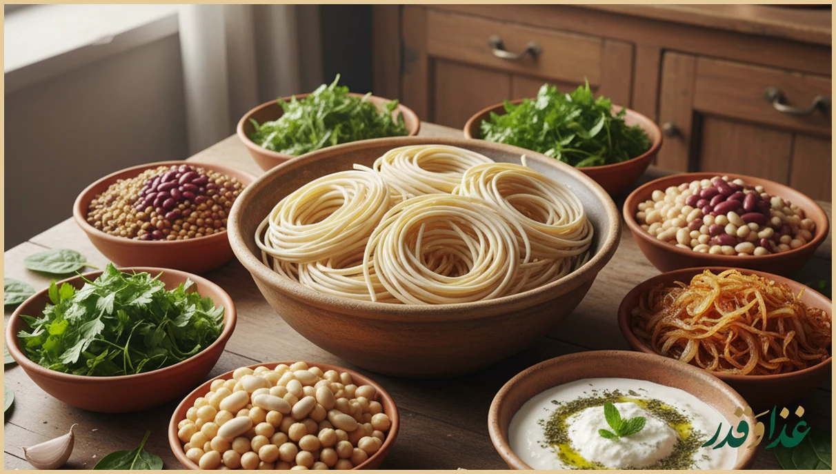 مواد لازم آش رشته روی میز چوبی