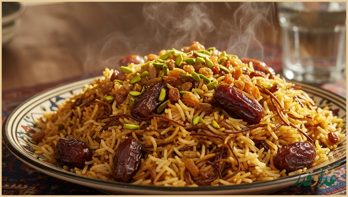 بشقاب رشته‌پلو با خرما و کشمش