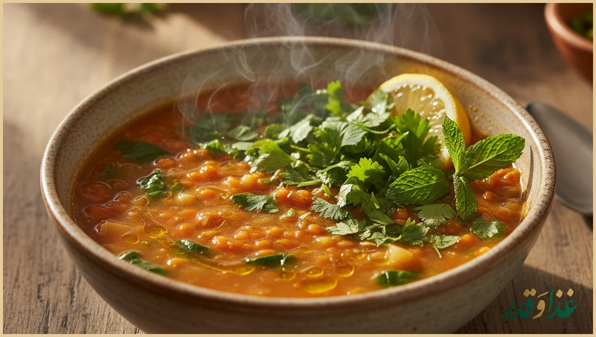 کاسه سوپ عدس داغ با سبزیجات