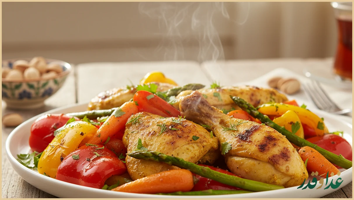 بشقاب خوراک مرغ و سبزیجات رنگارنگ