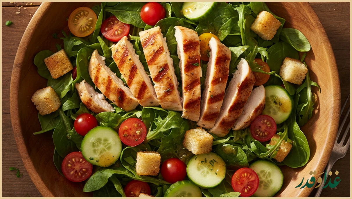 سالاد سبز با مرغ گریل شده و نان تست