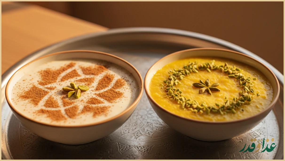 کاسه های فرنی و شله زرد روی سفره افطار