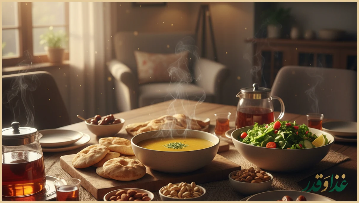 چیدمان سفره افطار متعادل با سوپ، سالاد و نان