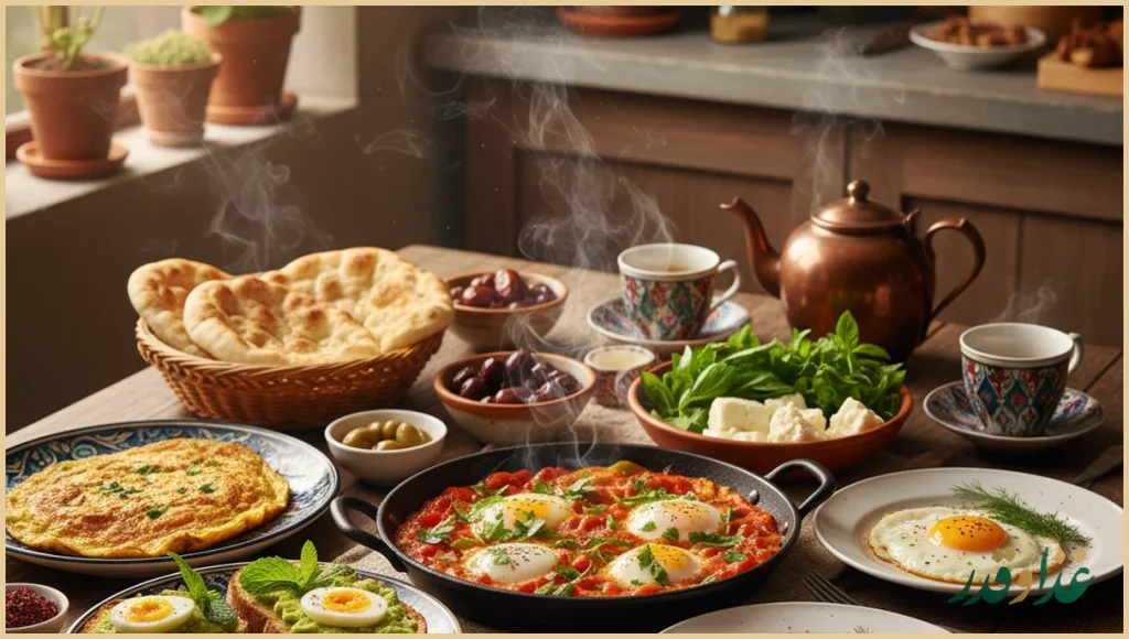 بشقاب صبحانه متنوع با تخم مرغ و نان