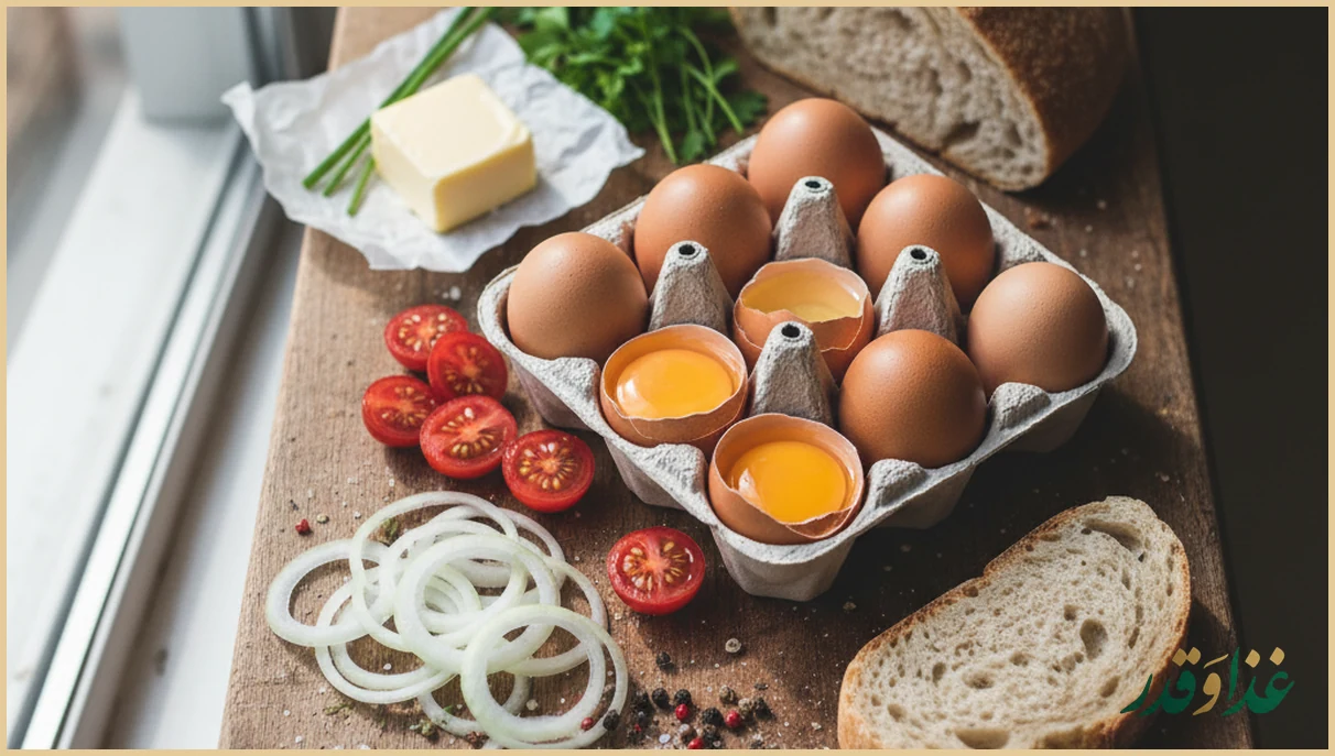 مواد اولیه صبحانه تخم مرغی روی تخته چوب
