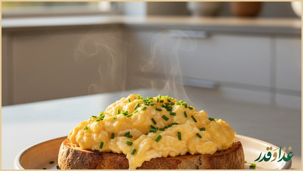 اسکرامبل تخم مرغ خامه ای روی نان تست