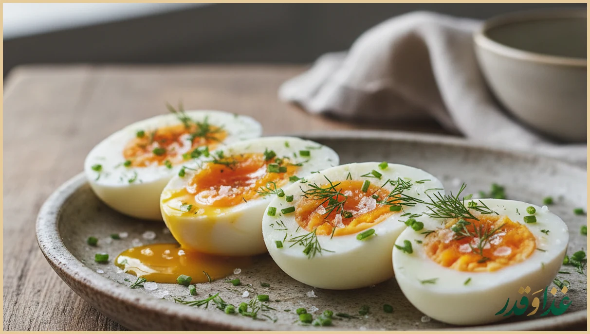 تخم مرغ آب پز عسلی و سفت برش خورده