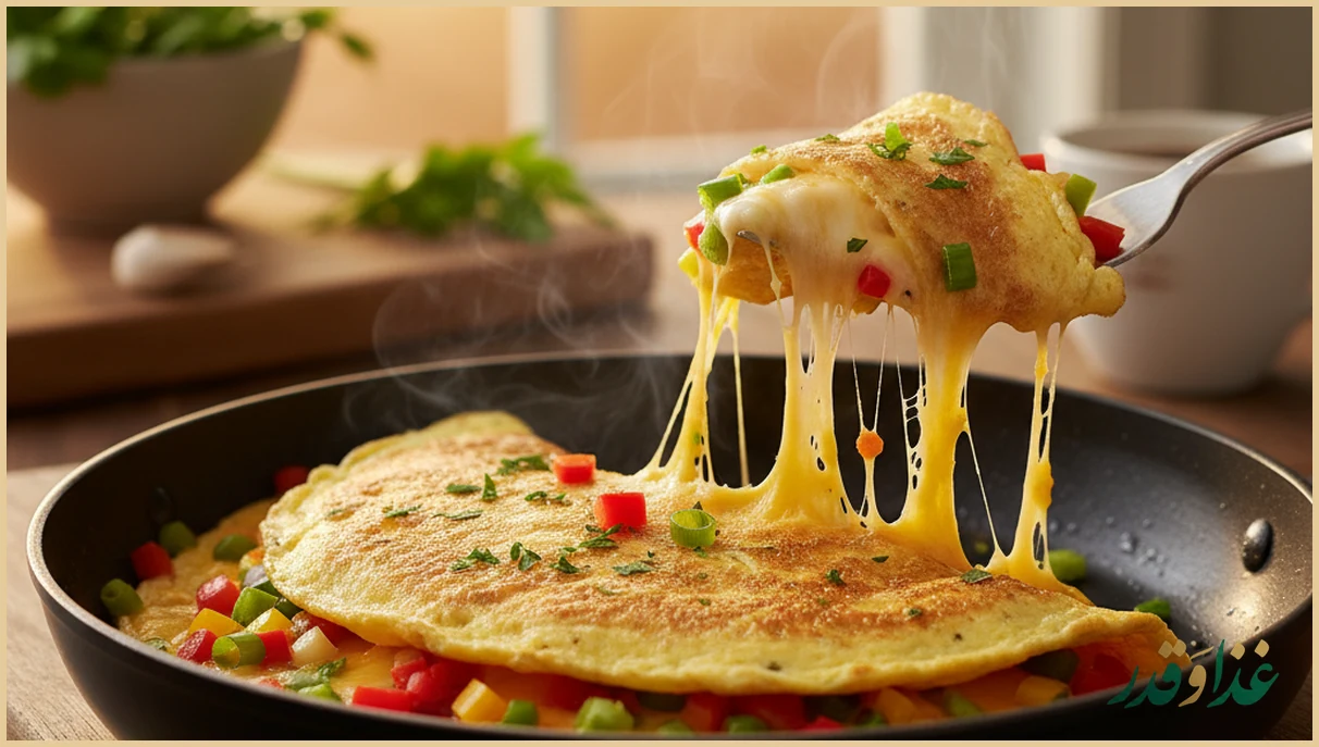 املت پنیری با سبزیجات در تابه