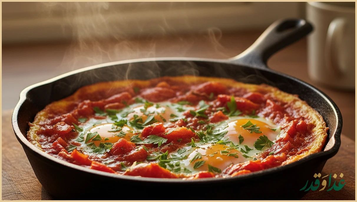 املت گوجه و تخم‌مرغ در تابه چدنی