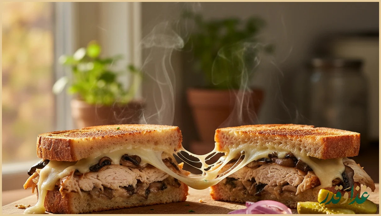 ساندویچ مرغ و قارچ با پنیر کشدار