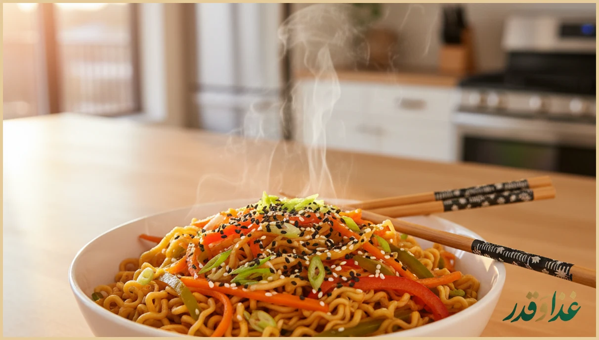 نودل سبزیجات رنگارنگ در کاسه سفید