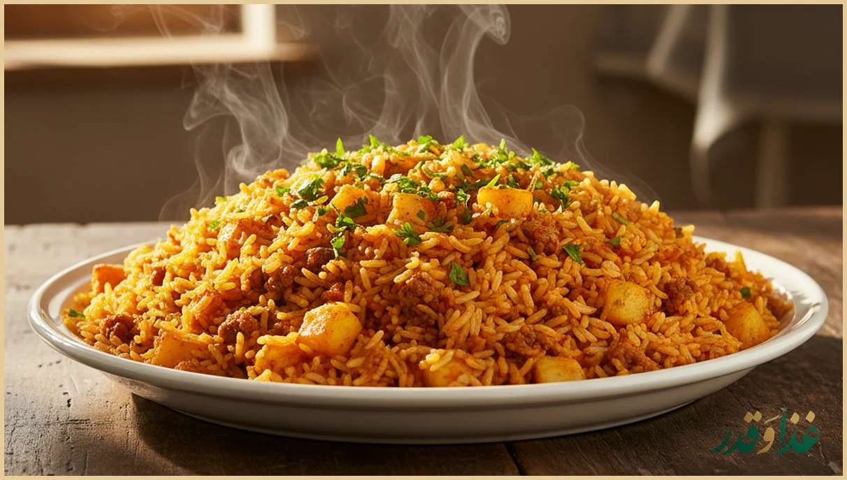 استامبولی پلو با سیب زمینی در دیس سفید