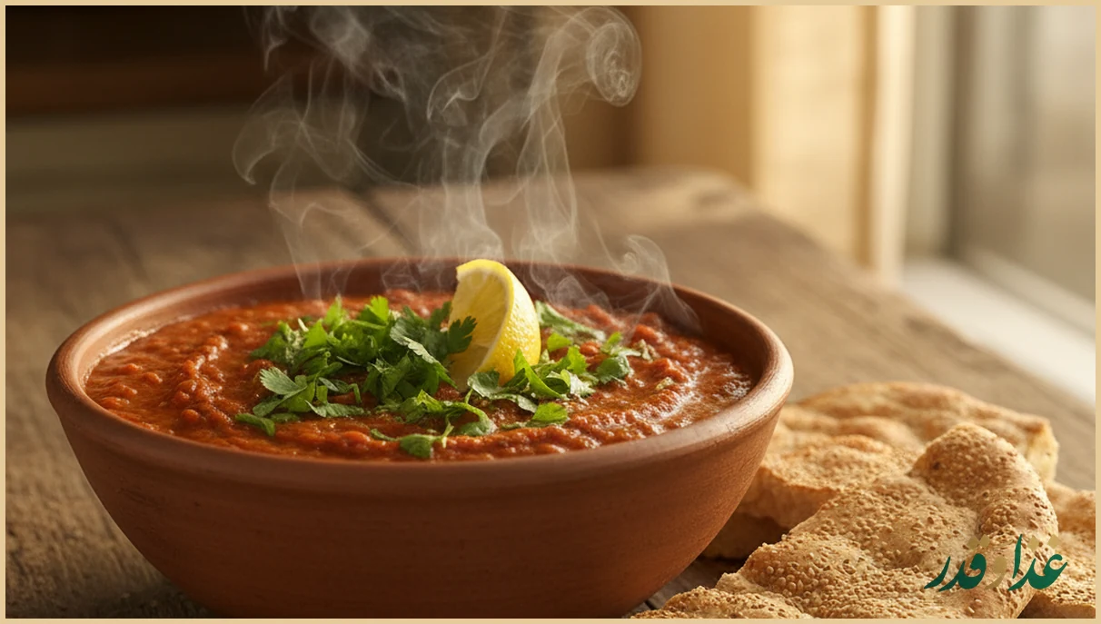 کاسه دال عدس غلیظ با نان سنگک