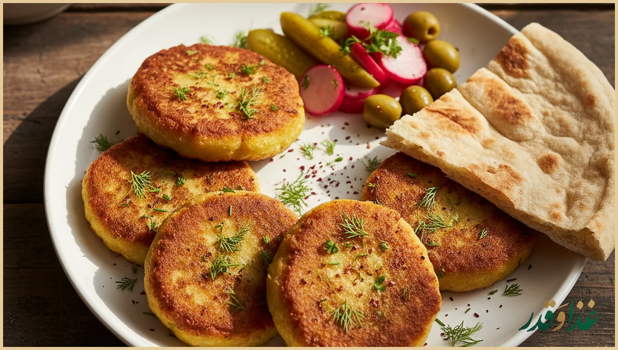 کوکو سیب زمینی برشته کنار سبزی و نان