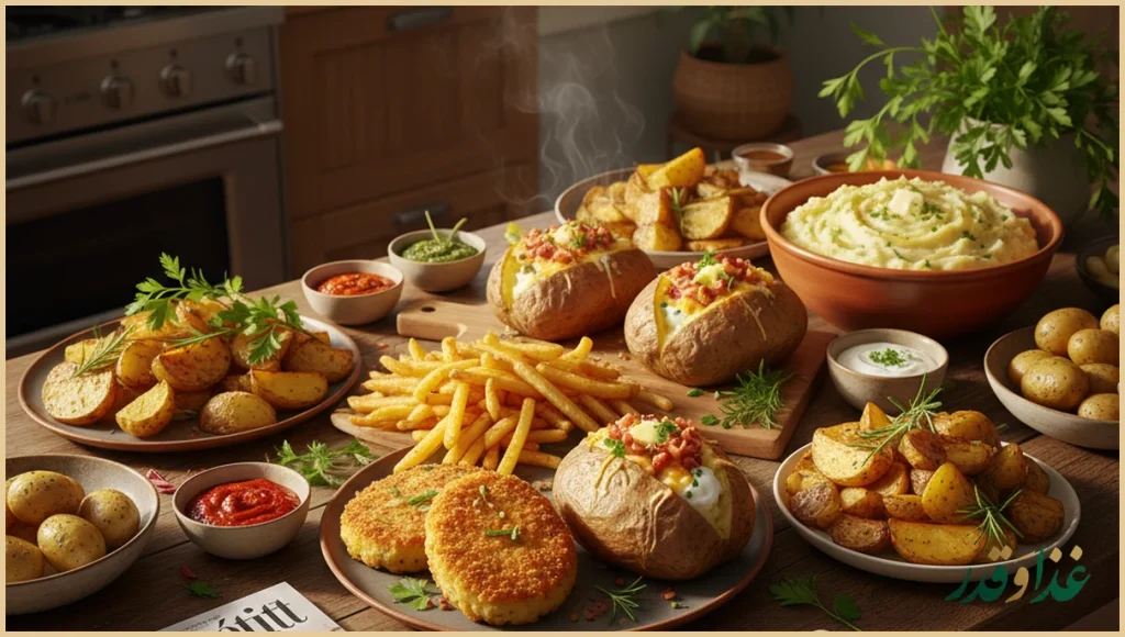 بشقاب متنوع از غذاهای مختلف با سیب زمینی