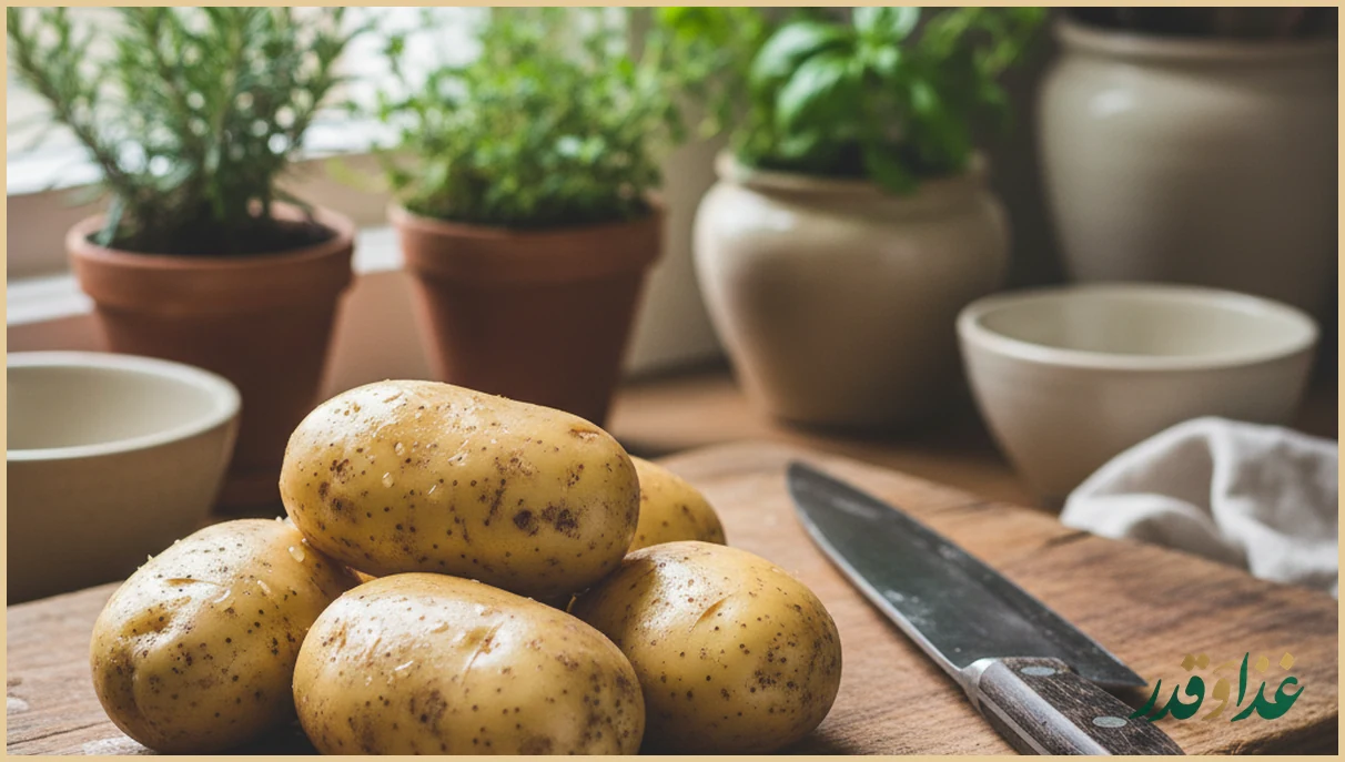 سیب زمینی خام شسته شده روی تخته چوبی