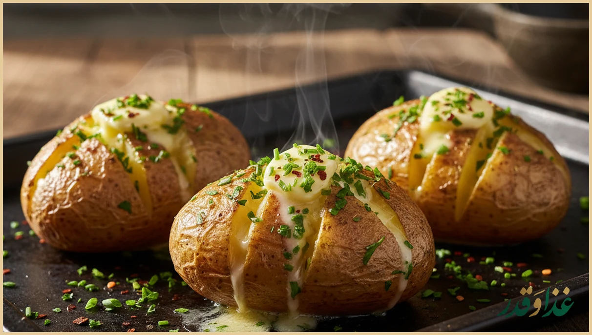 سیب زمینی تنوری شکاف خورده با کره و سبزی