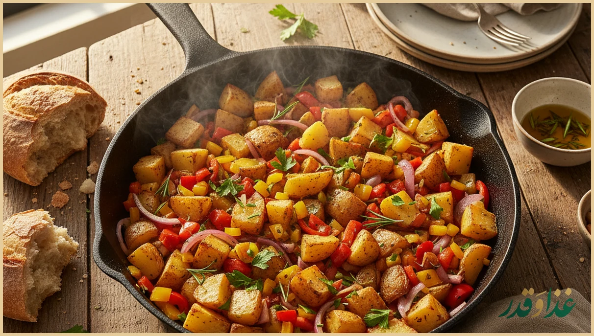 ماهیتابه پر از خوراک سیب زمینی و سبزیجات رنگارنگ