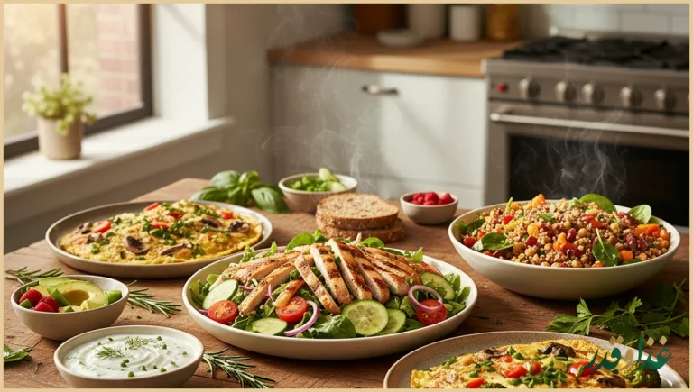 بشقاب متنوع از غذاهای رژیمی کم کالری و رنگارنگ