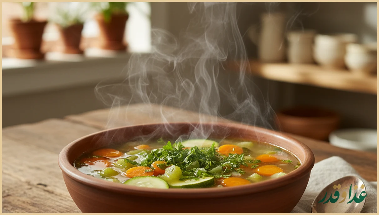 کاسه سوپ سبزیجات رژیمی داغ با بخار و سبزی تازه