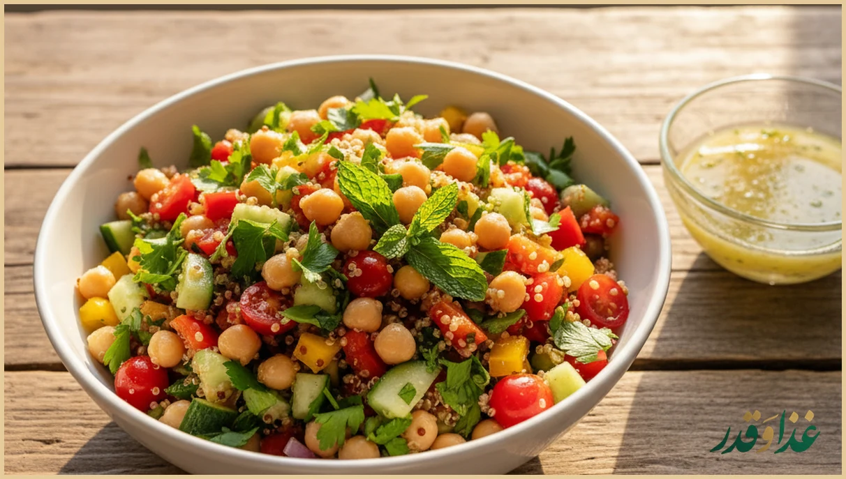 کاسه سالاد نخود و کینوا رنگارنگ روی میز چوبی