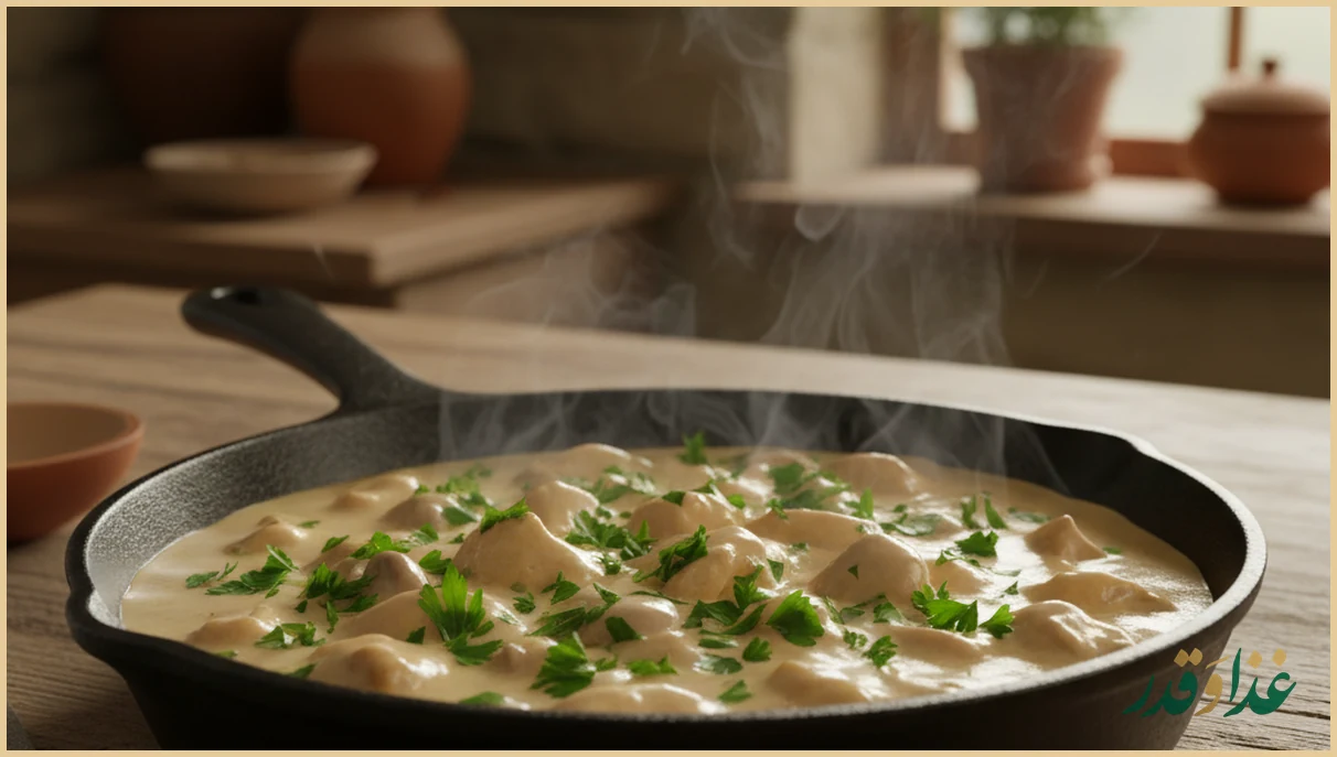 خوراک مرغ و قارچ رژیمی در تابه روی میز