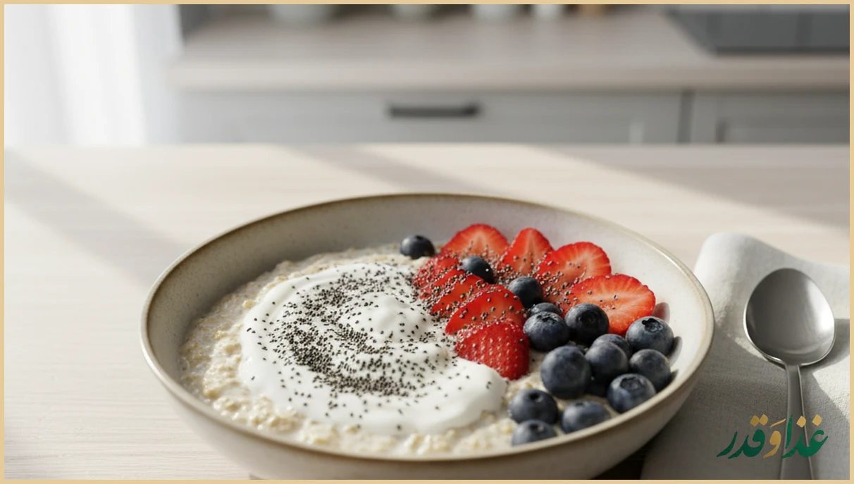 کاسه جو دوسر، دانه چیا و میوه برای صبحانه رژیمی
