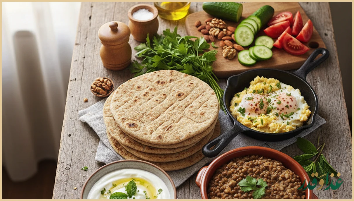 مواد اولیه سالم برای سحری روی میز چوبی