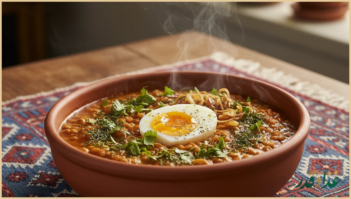 بشقاب خوراک عدس و تخم مرغ مناسب سحری