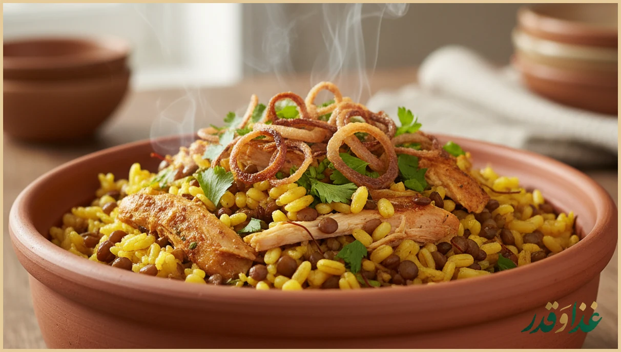 دیگ کته جو و برنج با عدس و مرغ ریش ریش