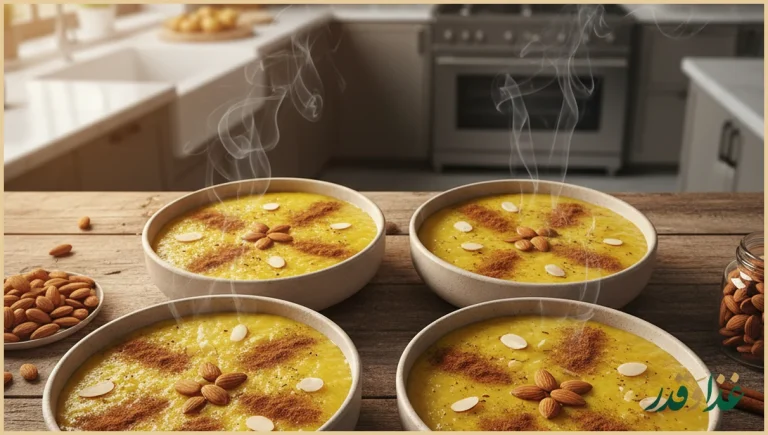 کاسه های شله زرد نذری زعفرانی و تزیین شده