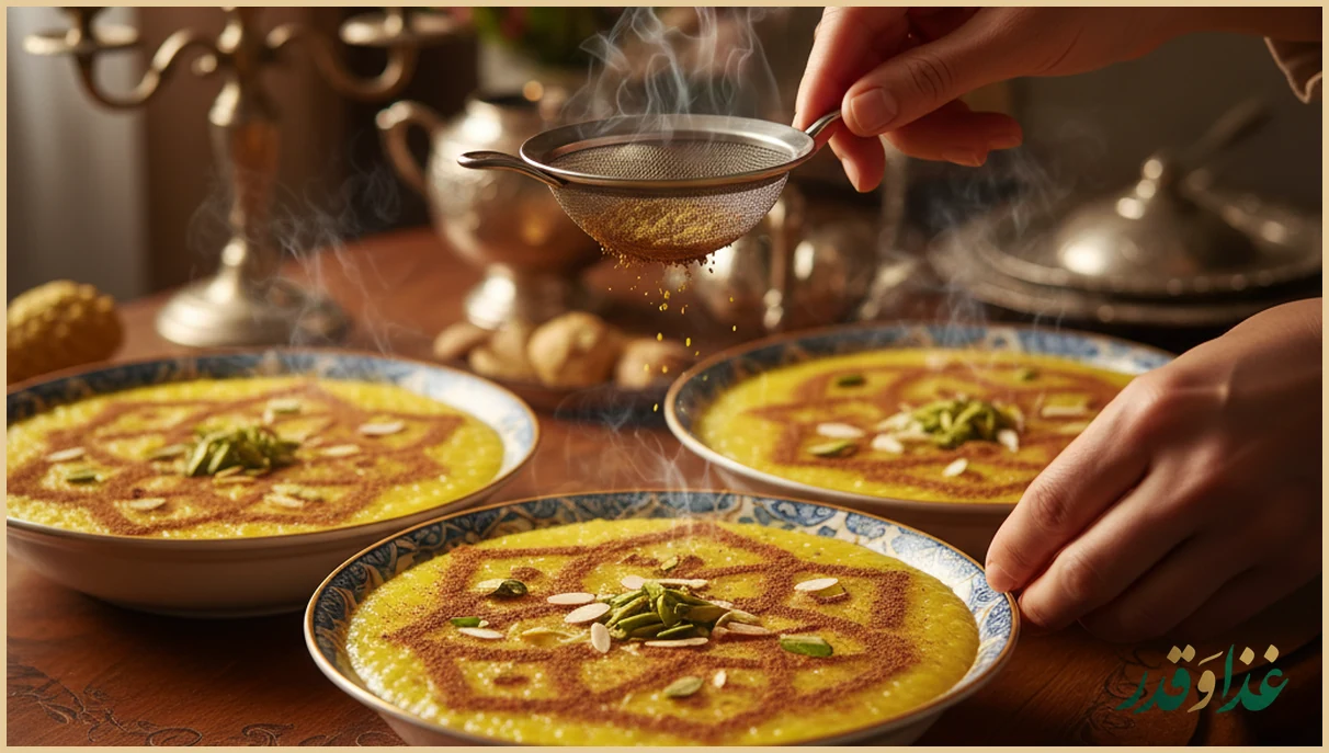 تزیین شله زرد با دارچین و خلال پسته و بادام